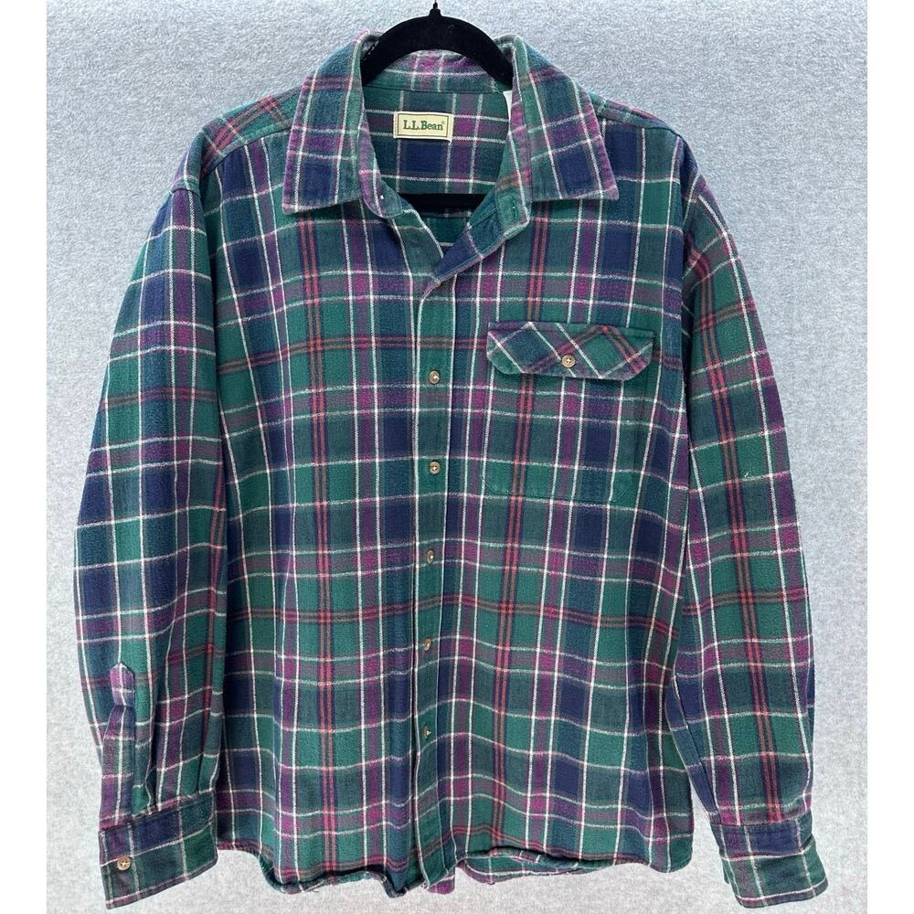 VTG L.L. Bean Men's sz L Purple Green Flannel Button Down 100% Cotton Comfort